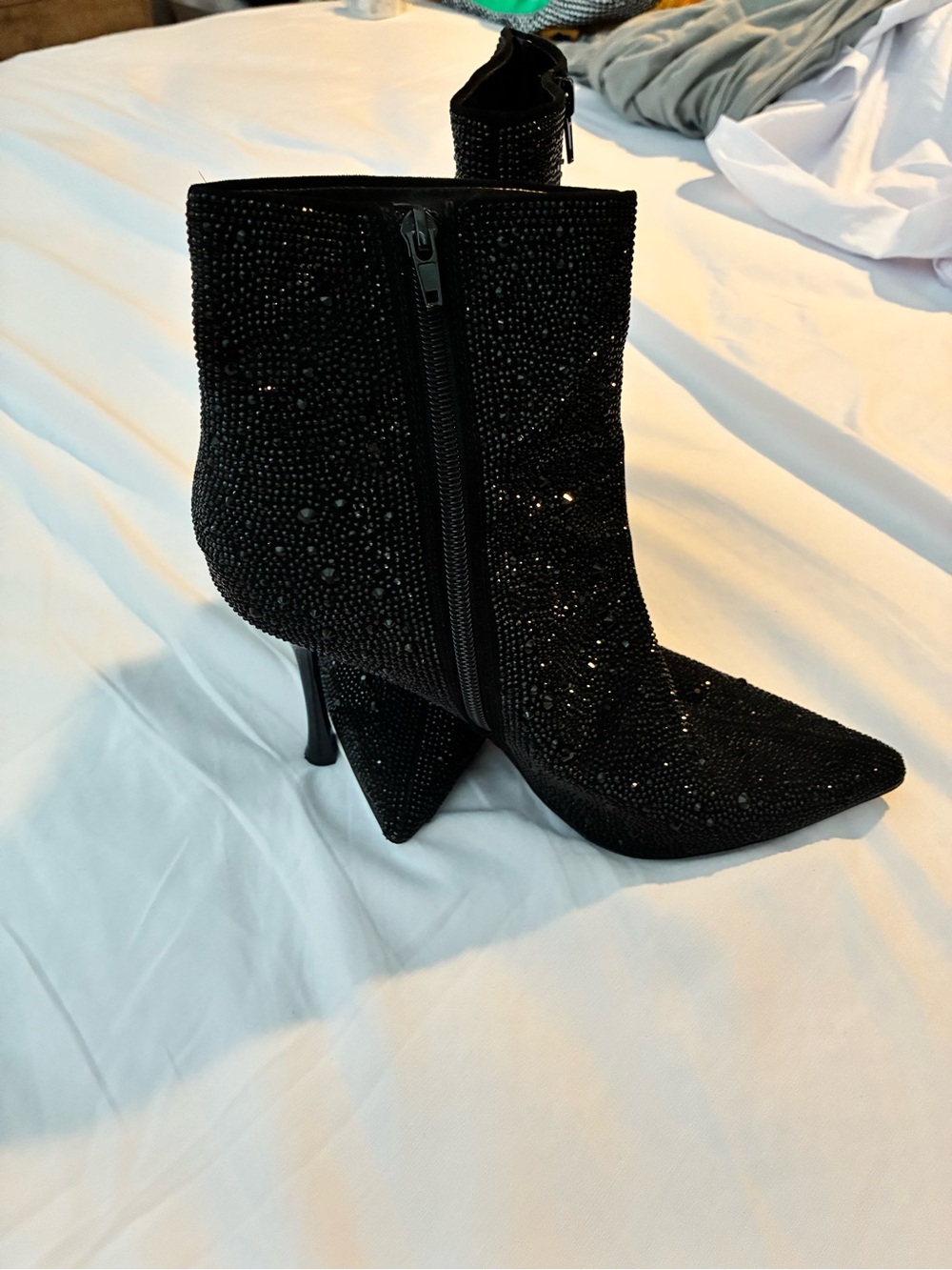 Black Crystal Embellished Pointed Toe Ankle Booties